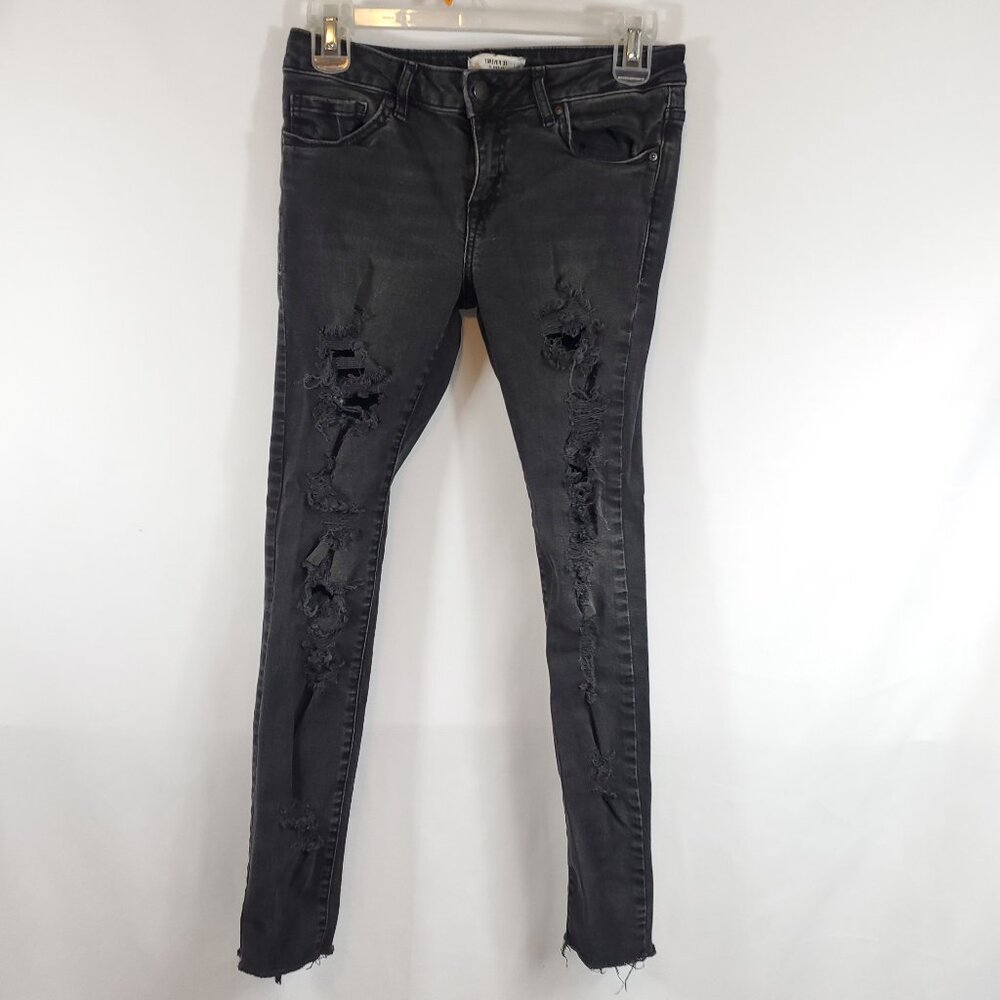 Forever 21 Womens Black Wash Skinny Leg Distressed Legs & Bottom Hem Jeans Sz 27